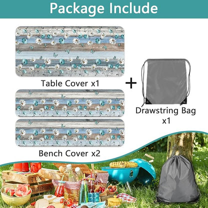 Floral Picnic Table Cover with Bench Covers, Camping Essentials, Wooden Flower Butterfly Waterproof Windproof, Fitted Tablecloth Cover with Elastic Edge, for Indoor, Outdoor, 3 PCS, 30x96 Inch