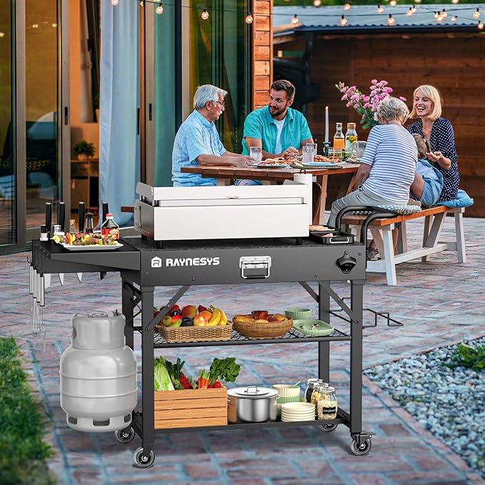 Raynesys Outdoor Grill Cart, 440lbs Outdoor Grill Table, 31x17 inch Blackstone Griddle Stand, Portable Folding Cart with Wheels, 2-Tier Storage Rack & Side Storage Box (Black)