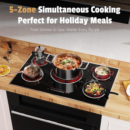 36 Inch Electric Cooktop, 5 Burner Stove Top with Slide Control, 9200W Electric Stove with Child Lock, Timer & Pause Function 36" Glass Cooktop, 220V Hard Wire(No Plug)