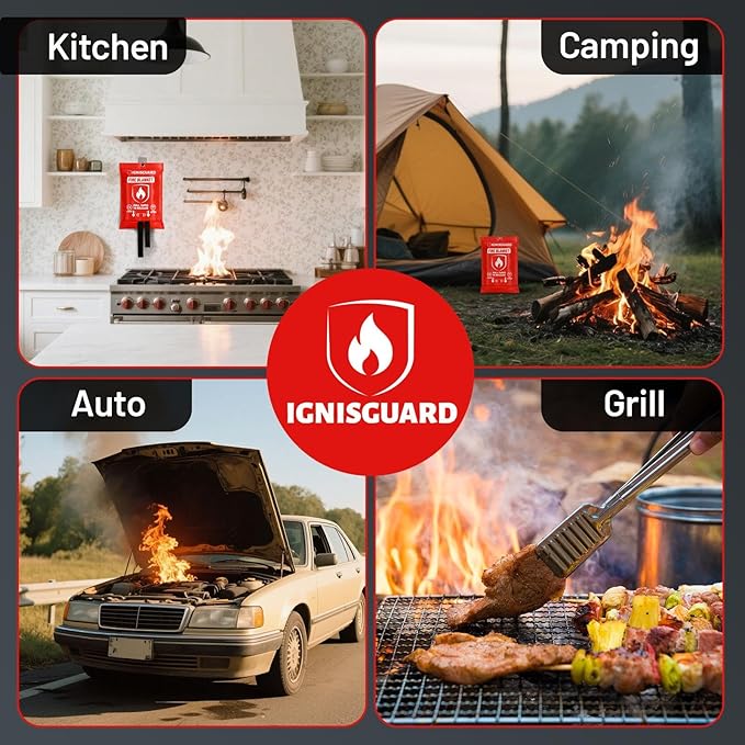 Emergency Fire Blanket for Home and Kitchen, 1-Pack 40"x40" Fiberglass Fire Suppression Blanket for Grease Fires, BBQ Grill, Camping, Car, RV, Office & Home Safety