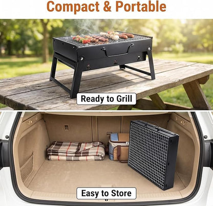 Foldable Small Portable Charcoal Grill, Mini BBQ Grill Tabletop Charcoal Grill, Compact Camping Grill for Outdoor Picnic Backyard, Reusable Alternative to Disposable Grills