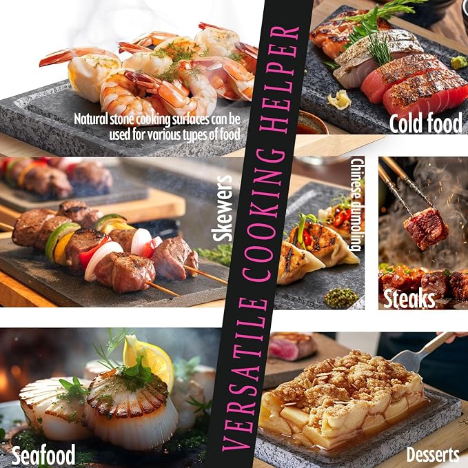 Artestia Steak Stone Grill Set with 2 Natural Steak Stones & 1 Bamboo Tray – Restaurant-Style Hot Stone Cooking Set for Sizzling Steak, BBQ, Hibachi, Indoor Tabletop Grilling