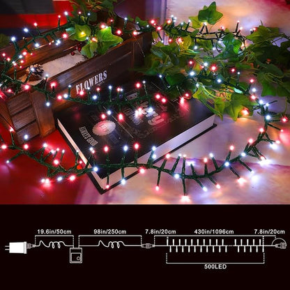 500 LED String Lights Outdoor, 16 Modes Plug in Twinkle Fairy Lights for Bedroom, 46ft 500LED Christmas Lights Cluster Lights Outdoor Waterproof Red&White Bulb