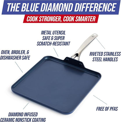 Blue Diamond 11" Nonstick Square Griddle Pan, Non Toxic PFAS-Free Diamond Ceramic, Dishwasher & Oven Safe, Even Heating, Metal Utensil Safe, Warp Control, Blue