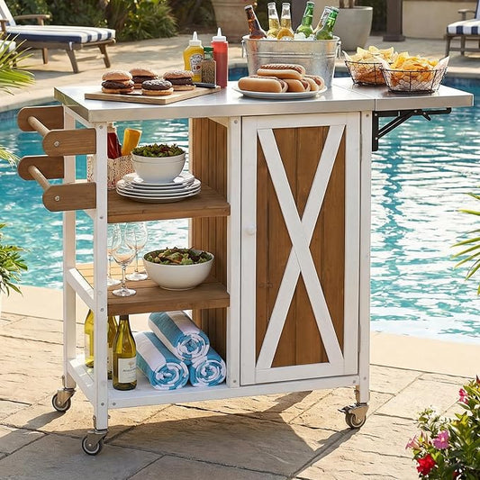 JIVOIT Outdoor Kitchen Island with Foldable Stainless Steel Tabletop, Patio Fir Wood Kitchen Cart Portable Prep Station with Lockable Wheels, Storage Cabinet and Towel Rack (White+Brown/123)