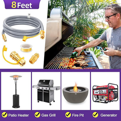 GasSaf 8FT 3/8" ID Natural Gas Hose, Natural Gas Grill Hose Conversion Kit Suitable for Weber Grills, Blackstone Griddles, Generator, Patio Heater (with Sealing Tape)