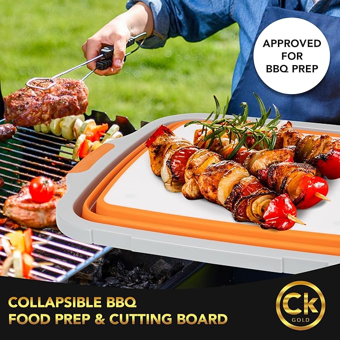 Collapsible BBQ Prep Tub XL with Locking Lid & Drain Hole | Meat Marinating Container with Cutting Board | BPA-Free Food-Grade Prep Tubs for Grilling, Camping & Outdoor Cooking (Orange, 16 L)