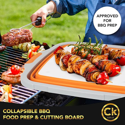 Collapsible BBQ Prep Tub XL with Locking Lid & Drain Hole | Meat Marinating Container with Cutting Board | BPA-Free Food-Grade Prep Tubs for Grilling, Camping & Outdoor Cooking (Orange, 16 L)