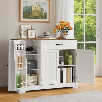 Coffee Bar, Storage Cabinet, White and Rustic | Buffet Cabinet, Sideboard Cabinet with Internal Storage Shelf for Dining Room, Kitchen, Living Room, Kitchen and Laundry Room
