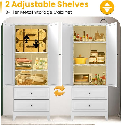 72" Metal Storage Cabinet with 2 Drawer, 2 Adjustable Shelves & Hooks, Utility Kitchen Pantry Cabinet for Home, Living Room, Pantry, Assemble Required (White)