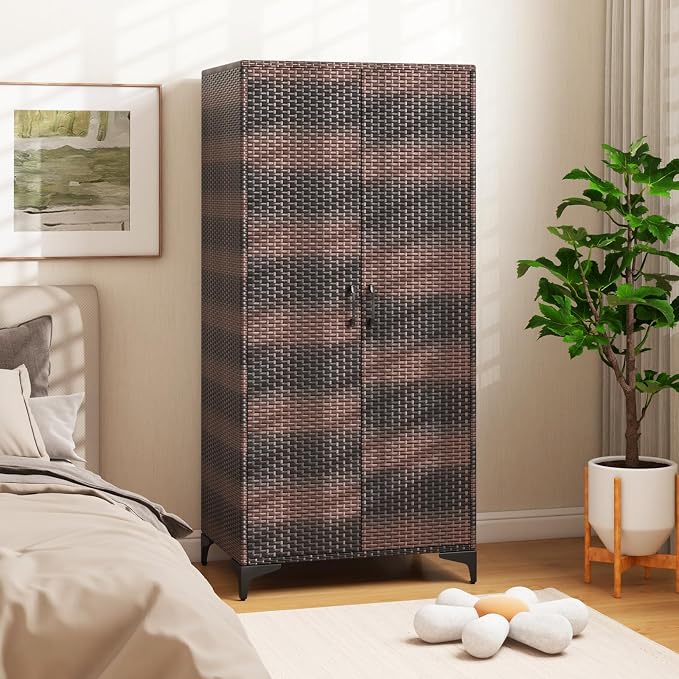 Giantex Wicker Storage Cabinet, 62” Tall Pantry Cabinet with 2 Doors, Hanging Rod, 4 Storage Cubes, Metal Legs, Anti-Tipping Device, PE Rattan Storage Cabinet for Home Office, Garage Cabinets (Brown)