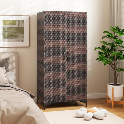 Giantex Wicker Storage Cabinet, 62” Tall Pantry Cabinet with 2 Doors, Hanging Rod, 4 Storage Cubes, Metal Legs, Anti-Tipping Device, PE Rattan Storage Cabinet for Home Office, Garage Cabinets (Brown)
