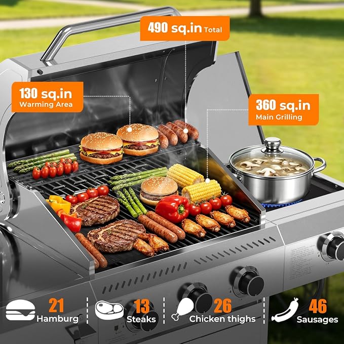 Kismile 3-Burner Propane Gas Grill with Side Burner, Stainless Steel 34,000 BTU BBQ Grill, Cast iron Griddle & Enamel Grates, Barbecue Grill for Outdoor Cooking, Backyard, Patio, Deck Camping