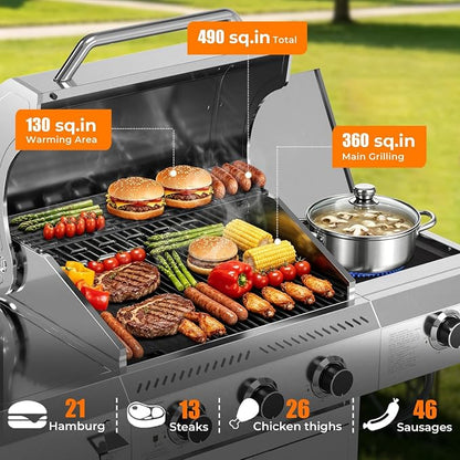 Kismile 3-Burner Propane Gas Grill with Side Burner, Stainless Steel 34,000 BTU BBQ Grill, Cast iron Griddle & Enamel Grates, Barbecue Grill for Outdoor Cooking, Backyard, Patio, Deck Camping