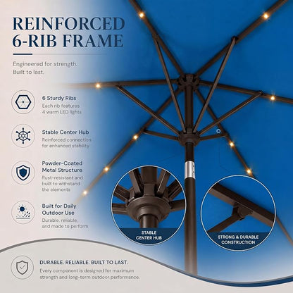 6.5 x 10ft Rectangular Patio Umbrella with Solar Lights, 16 LED Lighted Market Umbrella with Push-Button Tilt and Crank, 6 Sturdy Iron Ribs for Garden, Deck, Pool, Royal Blue
