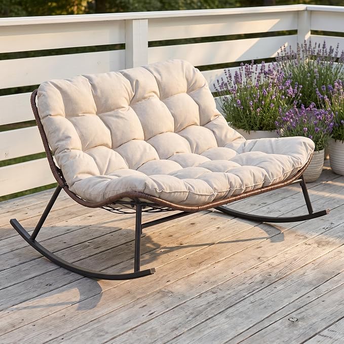Rocking Papasan Chair, Double Wide Outdoor Lounge Chair, Beige | Double Wide Design with Plush Cushions, Sturdy Rattan Frame and Gentle Rocking Comfort for Patios, Gardens and Balconies