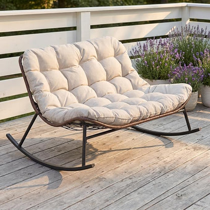 Rocking Papasan Chair, Double Wide Outdoor Lounge Chair, Beige | Double Wide Design with Plush Cushions, Sturdy Rattan Frame and Gentle Rocking Comfort for Patios, Gardens and Balconies