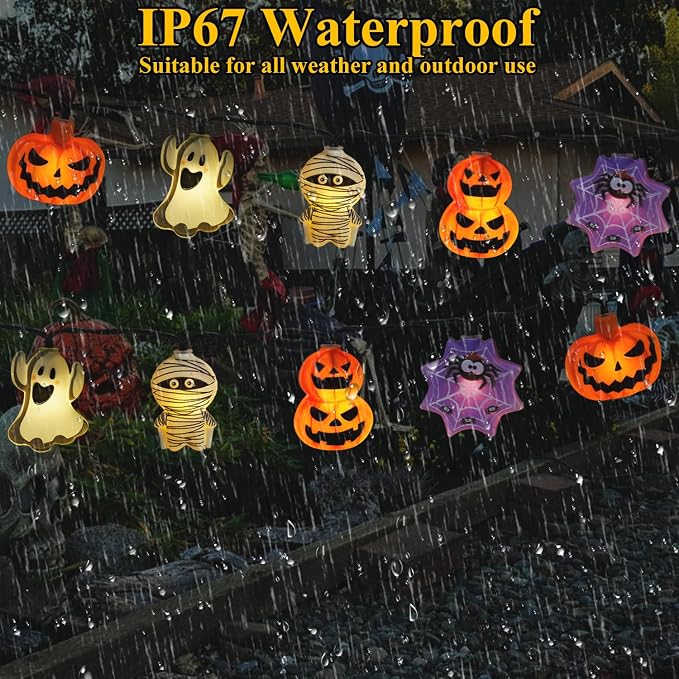 Halloween Decorations Outdoor Solar String Lights, 25.8ft 40LED Pumpkin Ghost Mummy Stacked Pumpkins Spider Web Solar Halloween Lights for Outside House Garden Yard Halloween Party Decor