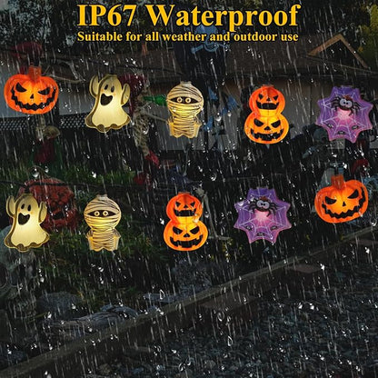 Halloween Decorations Outdoor Solar String Lights, 25.8ft 40LED Pumpkin Ghost Mummy Stacked Pumpkins Spider Web Solar Halloween Lights for Outside House Garden Yard Halloween Party Decor