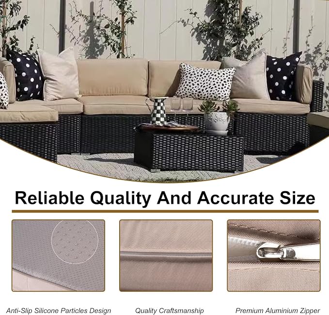 14 Piece Outdoor Patio Cushion Cover Replacement, Waterproof Patio Cushion Covers, Outdoor Furniture Cushion Covers Set for 6 Seat Wicker Rattan Sofa (Khaki)