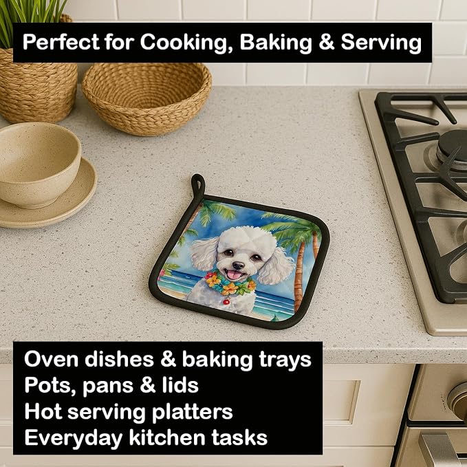 Caroline's Treasures White Poodle Luau Pair of Pot Holders Kitchen Heat Resistant Pot Holders Sets Oven Hot Pads for Cooking Baking BBQ, 7 1/2 x 7 1/2