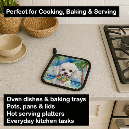 Caroline's Treasures White Poodle Luau Pair of Pot Holders Kitchen Heat Resistant Pot Holders Sets Oven Hot Pads for Cooking Baking BBQ, 7 1/2 x 7 1/2