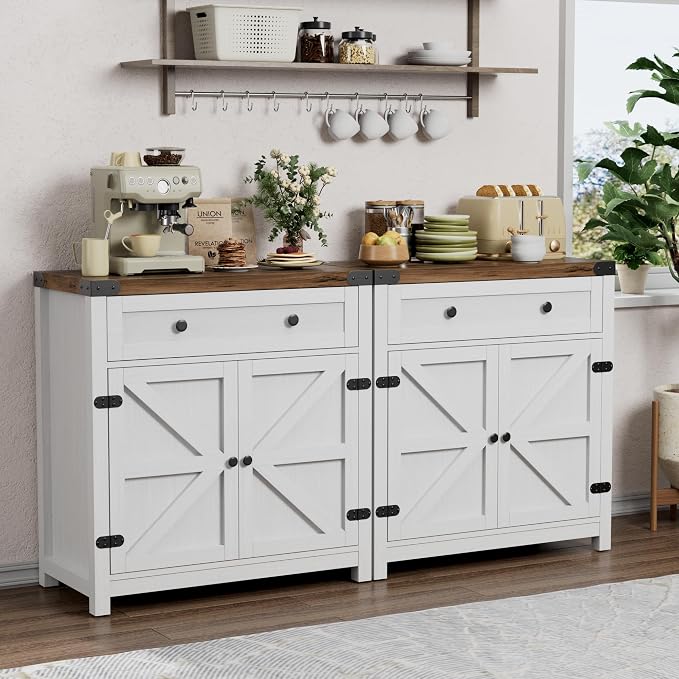 YESHOMY Coffee Bar and Accent Cabinet, Farmhouse Barn Door Buffet Sideboard with Drawer and Adjustable Shelf, Wide Desktop for Kitchen, Dining Room, Bathroom, Entryway, Rustic Brown White