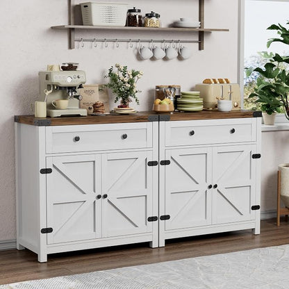YESHOMY Coffee Bar and Accent Cabinet, Farmhouse Barn Door Buffet Sideboard with Drawer and Adjustable Shelf, Wide Desktop for Kitchen, Dining Room, Bathroom, Entryway, Rustic Brown White