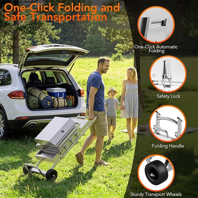 Heavy-Duty 3-Burner Propane Gas Griddle, Portable Griddle with Collapsible Stand, Full Stainless Steel Construction, 24,000 BTU Flat Top Gas Grill Griddle for Camping, Tailgating, Backyard & Patio