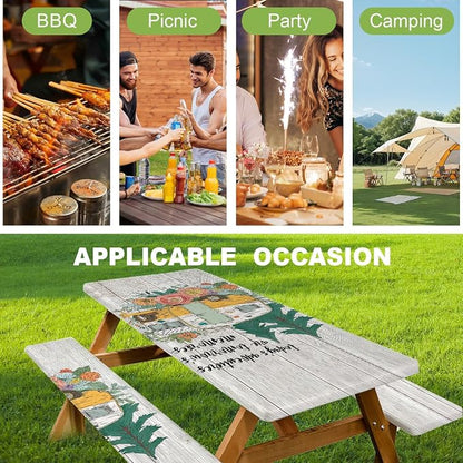 Picnic Table Cover with Bench Covers –Waterproof Windproof Camping Tablecloth with Drawstring Bag,Fitted 72in Rectangle Tables and Seats,Camper Floral Design,Camping Essentials for Patio,Park,Backyard