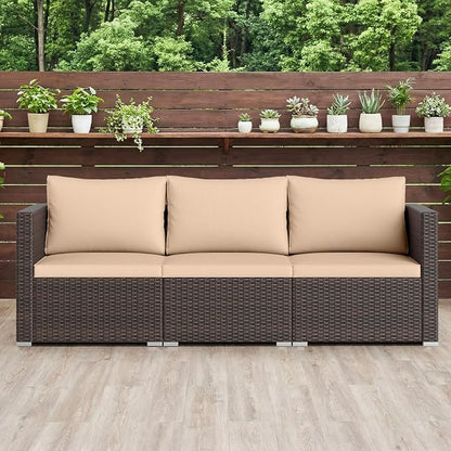 Tangkula 3 Seat Outdoor Wicker Sofa Set, Modular PE Rattan Patio Cushioned Sectional Couch Set, Outside Furniture Set for Deck, Backyard, Porch, Garden & Poolside (Brown-Beige)