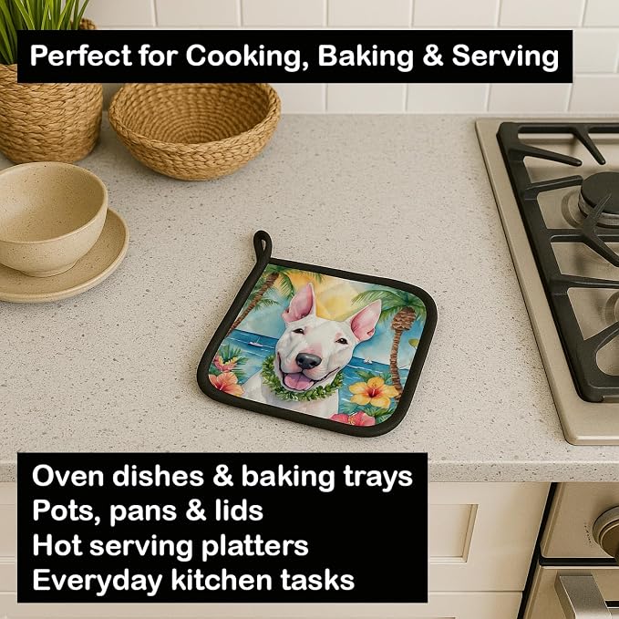Caroline's Treasures English Bull Terrier Luau Pair of Pot Holders Kitchen Heat Resistant Pot Holders Sets Oven Hot Pads for Cooking Baking BBQ, 7 1/2 x 7 1/2