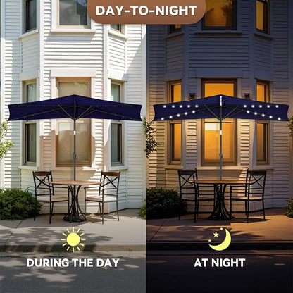 FLAME&SHADE 9 FT Solar Half Patio Umbrella with 25 LED Lights, Half Outdoor Umbrella with Button Tilt, Half Round Table Umbrella For Deck, Backyard, Balconies, Decks, Rvs, UV Protection (Navy Blue)