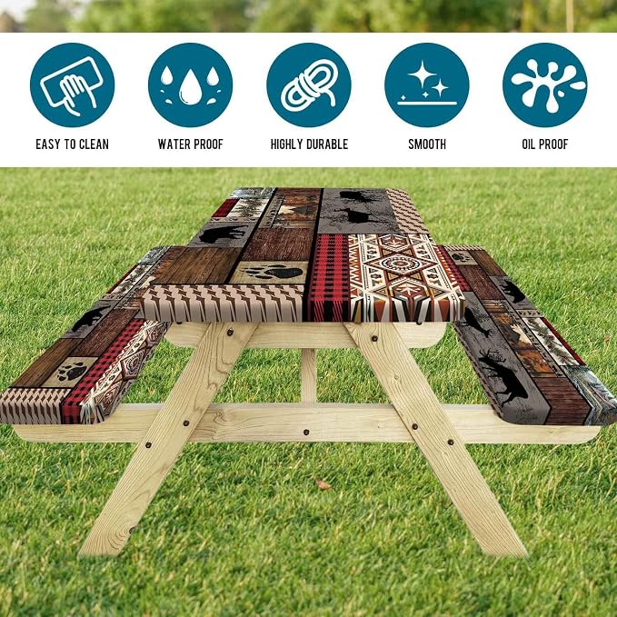 Picnic Table Cover with Bench Covers Elastic Edges, Rustic Cabin Bear Deer Print Table Cover, Waterproof Windproof Fitted, for Outdoor Camping Picnic Patio Garden , Drawstring Bag, 60 Inch 3PCS