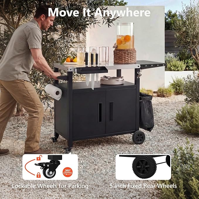 Outdoor Grill Cart with Storage, Stainless Steel Top Movable Kitchen Island for BBQ and Pizza Oven, Heavy Duty Food Prep Station with Foldable Shelf, Hooks and Waterproof Cover