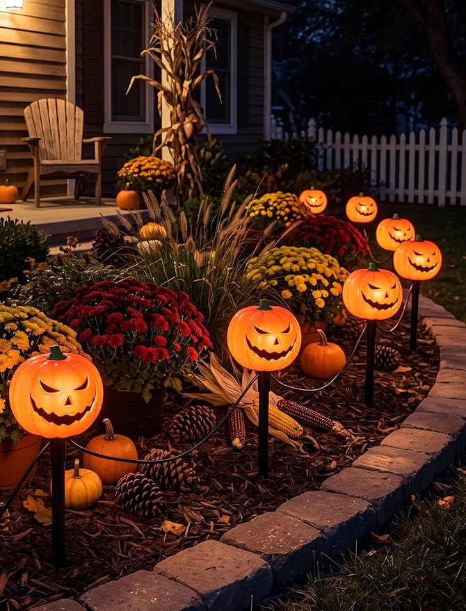 7FT Outdoor Halloween Pathway Lights, Set of 4 Smiley Pumpkin Stakes Lights | Waterproof, Connectable Halloween Pumpkin Sidewalk Lights Plug in for Garden Yard Lawn Walkway Driveway Halloween Decorations