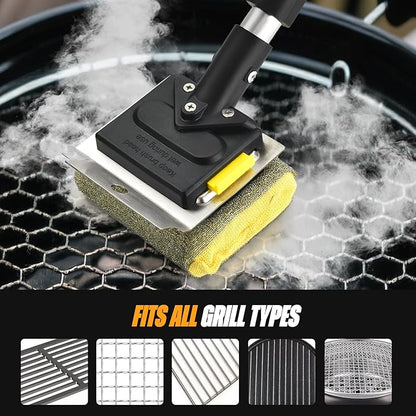 Folding Bristle Free Outdoor Grill Brush for BBQ Collapsible Design for Easy Storage Heavy Duty with Scraber & 3 Sponge Steam Brush Head Grill Cleaning Tool for Camping Tailgating Indoor Daddy Gift