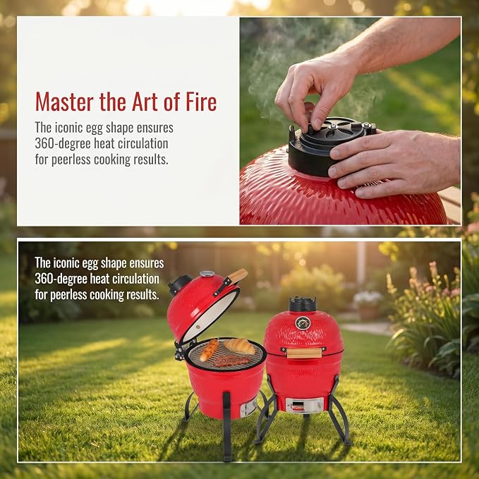 Ceramic Charcoal Grill, 13 Inch Kamado BBQ Grill for Outdoor Cooking, Heavy Duty Ceramic Smoker and Roaster with Superior Heat Retention, Fuel Efficient Outdoor Grill, Orange