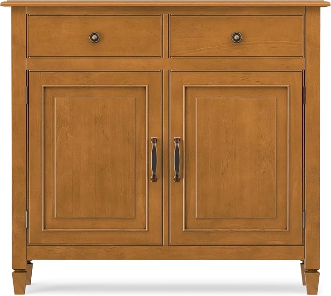 SIMPLIHOME Connaught 40" Solid Wood Cabinet in Light Golden Brown | Traditional slim entryway and living room organizer for hats, gloves, shoes and keys with space-saving storage design.