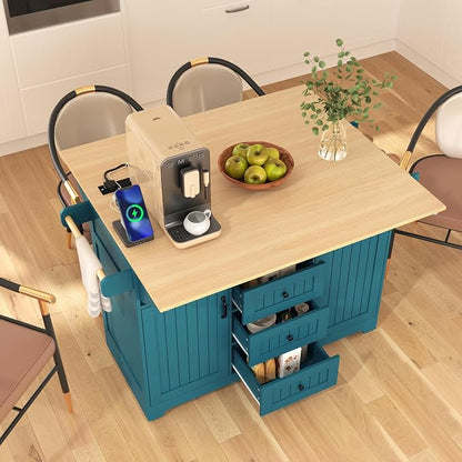 Ball & Cast Large Green Rectangular Kitchen Island with 2 Drop Leaf, 3 Drawers, 2 Doors, Folding Storage Dining Table, Spice & Towel Rack, Power Outlet & USB Port, 5 Wheels, 55.7"W x 34"D x 36.5"H