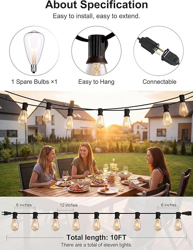 10Ft Outdoor String Lights,Black Edison String Lights with 11 Clear Edison Bulbs (1 Spare) UL Listed,Hanging Lights for Outside Patio Wedding Garden Porch Backyard Party Deck Yard