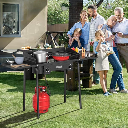 ROVSUN 2 Burner Outdoor Propane Gas Stove with Regulator, Windpanel, Bag & Side Shelves, 150,000 BTU Powerful Stand Cooker for Backyard Cooking Camping Home Brewing Canning Turkey Frying
