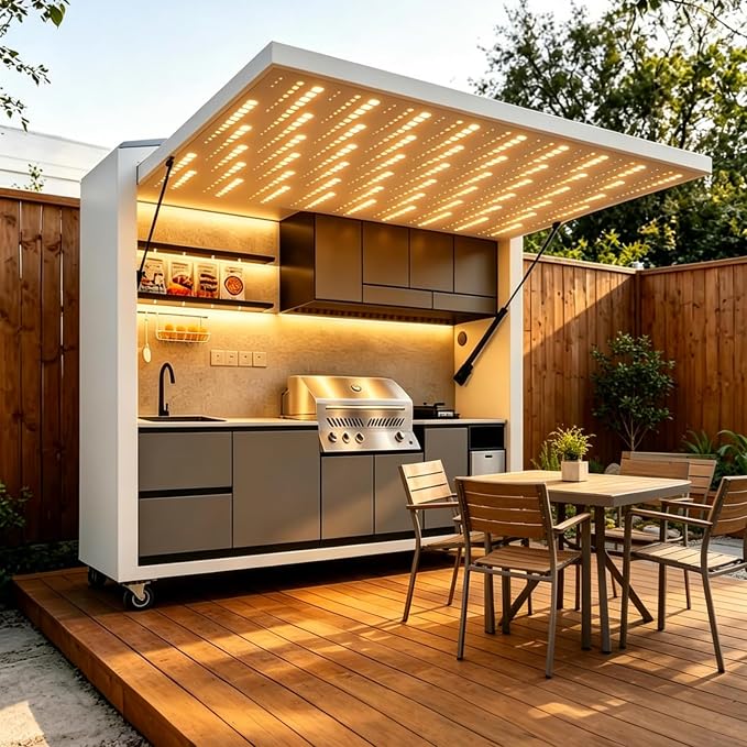Prefab Modular Outdoor Kitchen Island BBQ Pod with Grill, Sink, Beverage Fridge and Storage Cabinets, Modern Patio Cooking Station for Backyard BBQ Outdoor Living