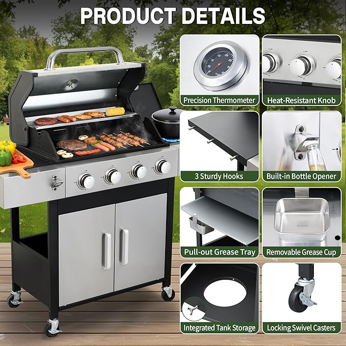 Gas Grill and Griddle Combo with Side Burner, 4-Burner Propane Grill with Porcelain-Enameled Cast Iron Grates and Double-Wall Insulated Lid, 49,000 BTU BBQ Grill for Outdoor Cooking