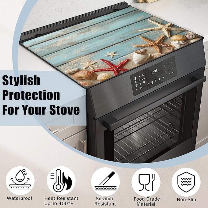 Electric Stove Top Cover,Beach Starfish Stove Cover for Glass Top Electric Stove,Blue Wood Board Seashells Heat Resistant Flat Top Stove Mat Countertop Protector, 28 x 20 Inch