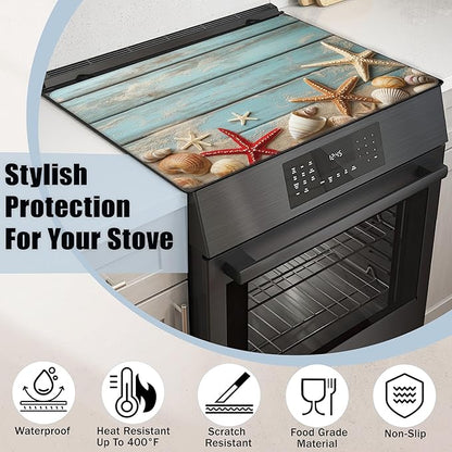 Electric Stove Top Cover,Beach Starfish Stove Cover for Glass Top Electric Stove,Blue Wood Board Seashells Heat Resistant Flat Top Stove Mat Countertop Protector, 28 x 20 Inch