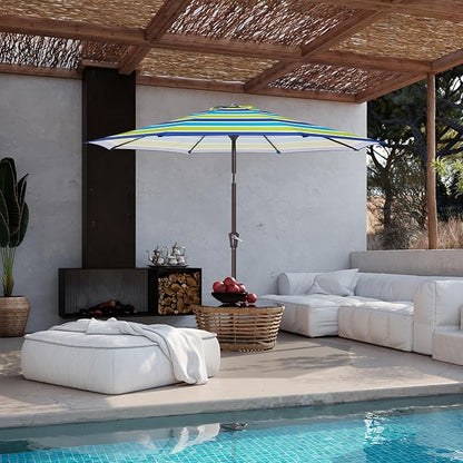 JEAREY 9' 2-Tiers Patio Umbrellas Outdoor Table Market Umbrella w/Push Button Tilt/Crank, 8 Sturdy Ribs, UV Protection Waterproof Sunproof(Blue Green Striped)