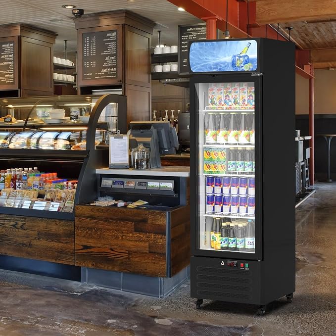11.3 Cu.Ft Commercial Display Refrigerator,Glass Door Beverage Cooler with Adjustable Shelves,LED Lighting & Advertising Panel, Mobile Design, Black