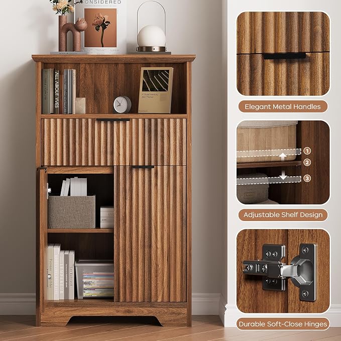 Fluted Buffet Cabinet with Storage, Modern Coffee Bar Cabinet | With Drawer & Adjustable Shelf, Wood Sideboard Cabinet for Kitchen, Bathroom, Entryway and Living Room Walnut