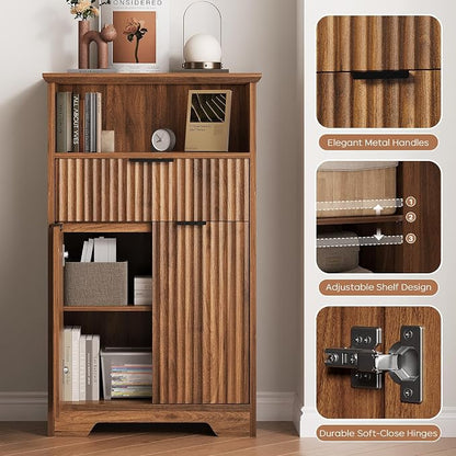Fluted Buffet Cabinet with Storage, Modern Coffee Bar Cabinet | With Drawer & Adjustable Shelf, Wood Sideboard Cabinet for Kitchen, Bathroom, Entryway and Living Room Walnut
